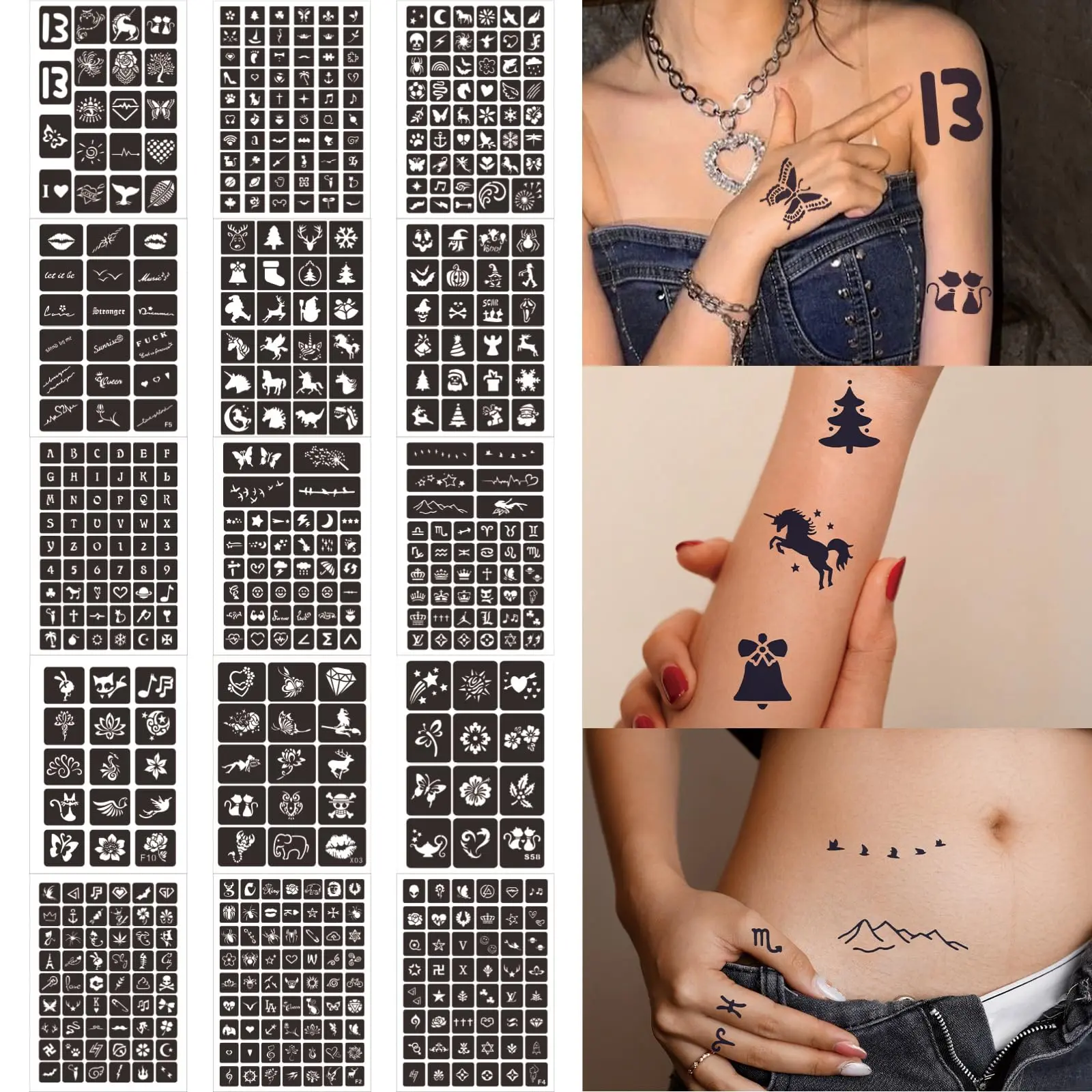 600 PCS Temporary Tattoo Stencils,15 Sheets Henna Tattoo Stencils Kit Templates, Airbrush Reusable Glitter Tattoo Stencils for Face Hand Finger Body Art Template Painting Stencil for Women Adults