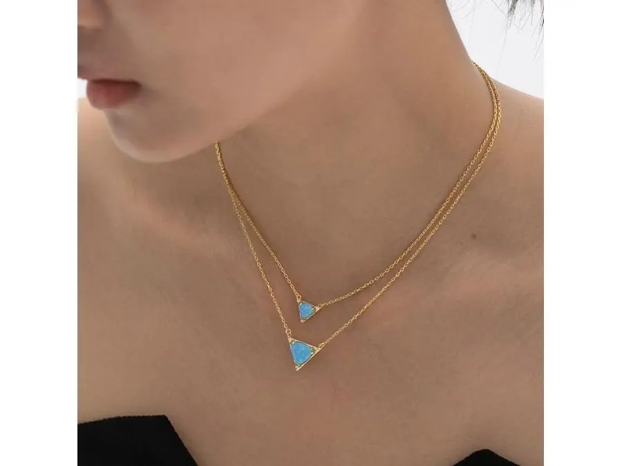 Blue Opal Double Triangle Necklace,Double Layered Opal 925 Stering Silver Statement Necklace for Women