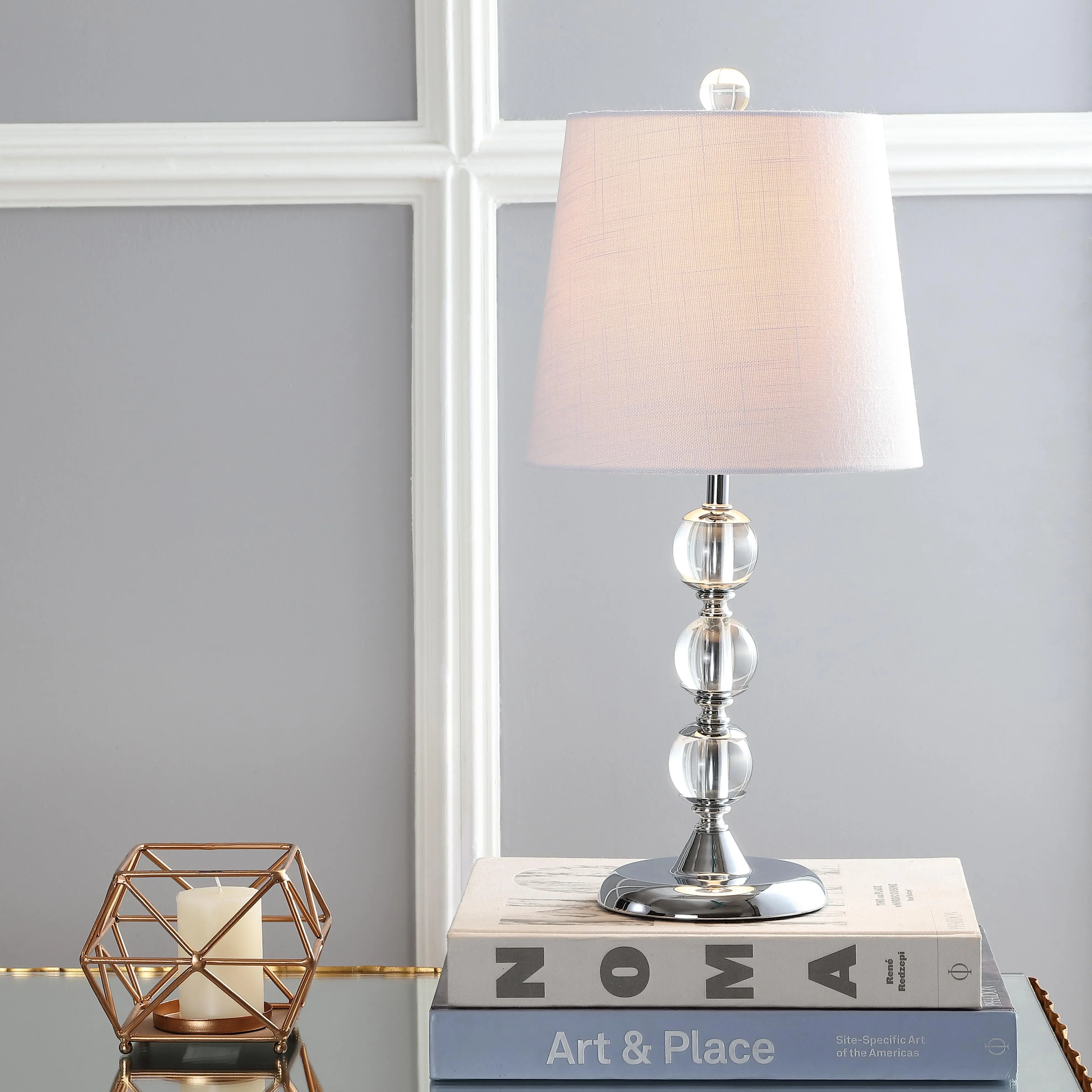JONATHAN Y Hudson 20" Crystal Metal Mini Table Lamp, Clear/Chrome | Modern Traditional Bedside Nightstand Light, White Linen Drum Shade, UL Listed, LED Bulb Included