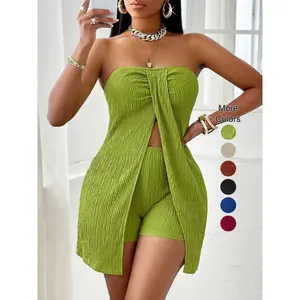 Women’s textured fabric front-twist split top and shorts set, sleeveless cropped two-piece set, elegant summer slim fit GARMENTARY