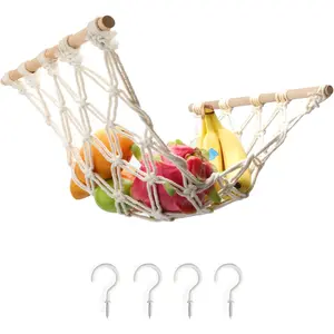Hanging Fruit Hammock with Hooks, Hand-Woven Hanging Fruit Basket Under Kitchen Cabinet for Storing Banana Fruits, Valentine's Gift for Kitchen Décor, Rectangle
