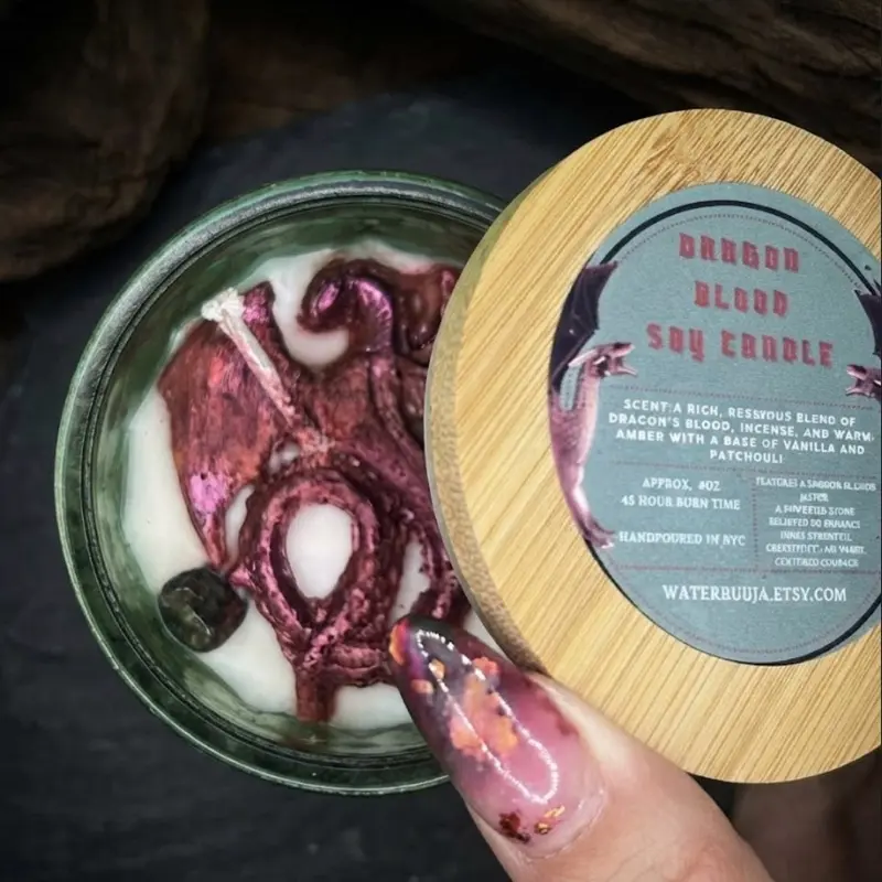 Dragon Blood Soy Candle, Dragon's Ember, Ritual Candle, Manifest Sacred Fire, Amplify Magick, 8 oz Green Diamond Glass, Blood Jasper Stone