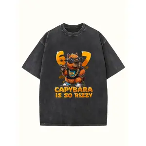 Men's Heavyweight Oversized  T-Shirt with Capybara Print - Retro Washed Dark Grey Suitable for Casual Streetwear, Parties & Daily Wear, Machine Washable Round Neck Tee with Hem (Capybara Graphic Gift for)