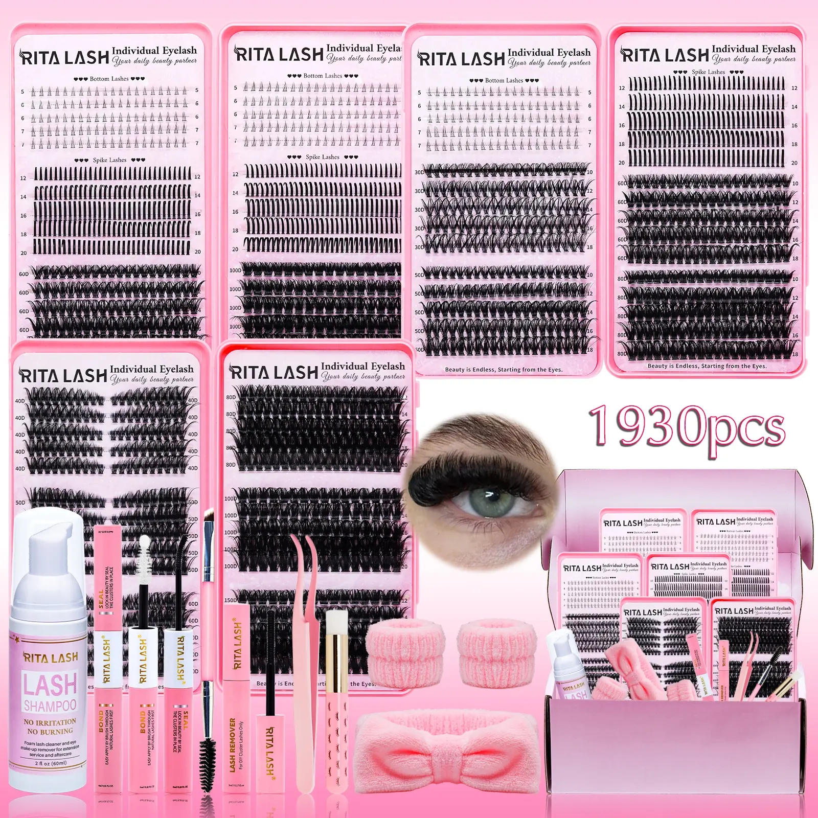 RITALASH 1930Pcs D Curl Large Capacity Eyelash Extensions Eyelash Extension Set 3 Trays Book Kit Bottom+Spike+60D+100D+30D+50D+80D+Cat40D/50D/60D+150D Natural Eye Makeup Easy To Carry, Reusable, with Make Up Tools Bond&Seal, Remover, Headband