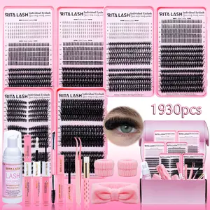 RITALASH 1930Pcs D Curl Large Capacity Eyelash Eyelashes Extension Set 3 Trays Book Kit Bottom+Spike+60D+100D+30D+50D+80D+Cat40D/50D/60D+150D Natural Eye Makeup Easy To Carry, Reusable, with Make Up Tools Bond&Seal, Remover, Headband