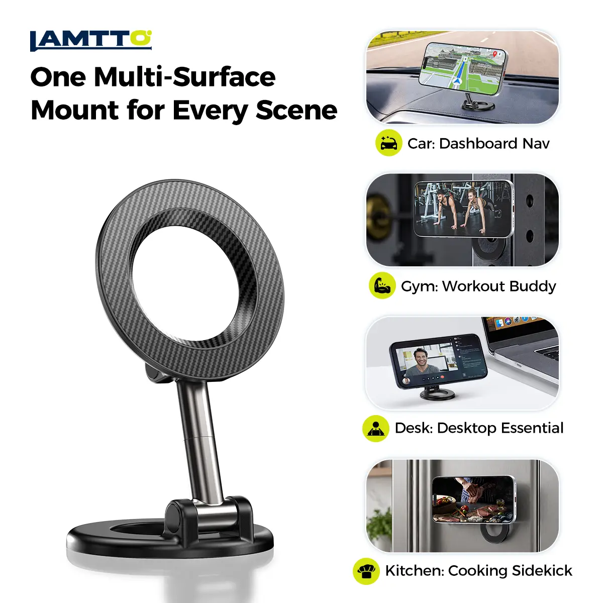 LAMTTO All-in-One Magnetic Phone Holder - Heavy-Duty Zinc Alloy, Anti-Shake Stand for Tesla, Trucks, Gym, Kitchen & Desk, Car Phone Mount Fits iPhone 16/15 Pro Max