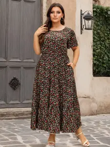 【Plus Size】 Ditsy Floral Print Round Neck Dress, Boho Style Casual Short Sleeve Long Dress for Daily Holiday Vacation Wear, Women's Clothes for Spring & Fall