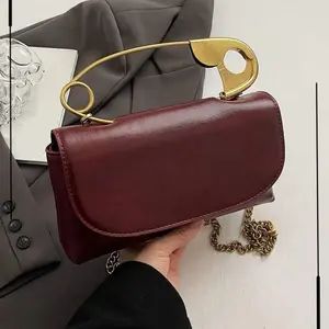 Vintage Safety Pin Brooch Purse with Chain, Works as Both Handbag and Crossbody Bag, Gold-Plated Finish, Size 24cm x 9.4in, 6cm x 2.3in