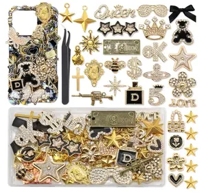 Gold Junk Case Charms Kit, Junk Phone Cases with Big Charm Sparkly Rhinestone Star Cross Jewelry Making Charm Punk Aesthetic Big Decor for Customizing Case DIY Craft