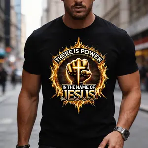 Mens 3D Print TShirt Jesus Graphic Tee Power in the Name of Jesus Breathable Comfortable Polyester Streetwear Casual Round Neck Durable Bold Design Everyday Wear Urban Fashion