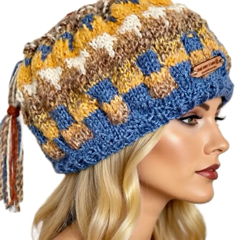 Hand Knits 2 Love Slouch Beanie Winter Hat Tassel Plaid Designer Fashion