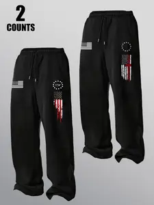 Men's Spring Autumn Classic Flag Print Casual Pants Set, Drawstring Straight Leg Long Trousers, Outdoor Sports Wear for Men, Drawstring Waist Sweatpants