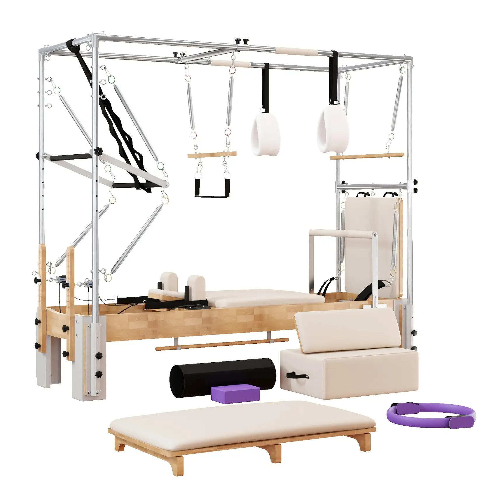 3-in-1 Pilates Reformer, Solid Wood for Cadillac Trapeze Table for Home Studio, 800lb Capacity Professional Machine with Jump Board, Sitting Box & Complete Accessories
