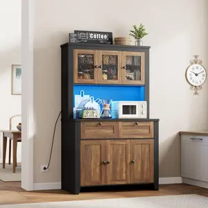 YJ-Garvee Pantry Cabinet with  Charging Station, Farmhouse Kitchen Pantry Storage Cabinet with Countertop, Large Kitchen Hutch with Storage Drawers and Adjustable Shelves & Water Ripple Design for Dining Room,Black and Brown Color Blocking