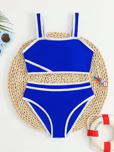 Girls Hot Pink Color Blocking Bikini Set, 2-Piece Shoulder Strap Swimwear, Summer Beach Holiday