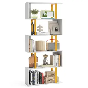COSTWAY - 5-Tier/6-Tier Geometric Bookcase with Metal Frame and Anti-tipping Kits-5 Tier