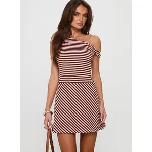 My Fun Off Shoulder Jersey Mini Dress Pink / Brown Stripe