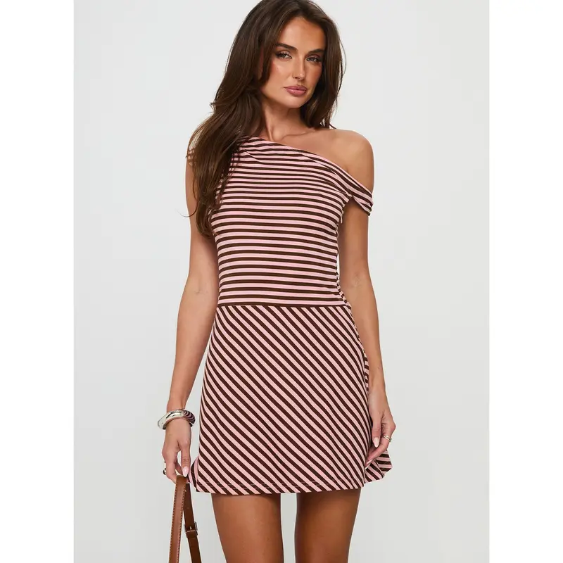 knee length dresses for ladies Tosie Long Sleeve Off Shoulder Mini Dress | Blue Stripe | Womens main image 1