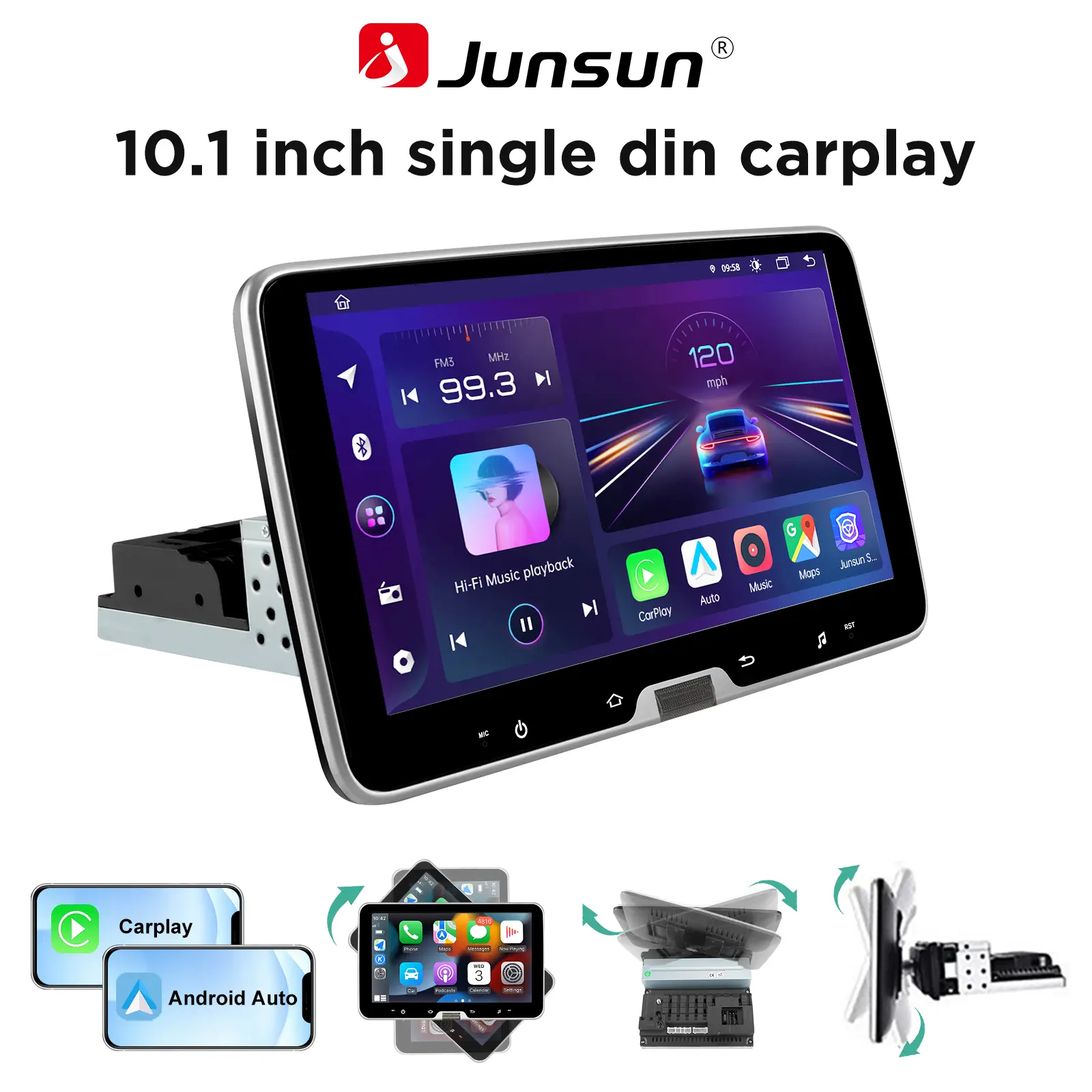 10.1 Inch Junsun Single DIN Car Stereo Universal Android 15 2GB+32GB  Rotatable Touchscreen with CarPlay/AndroidAuto/Mirror Link, WiFi/GPS/Bluetooth/RDS/USB/FM/Steering Wheel Controls with Rear Camera