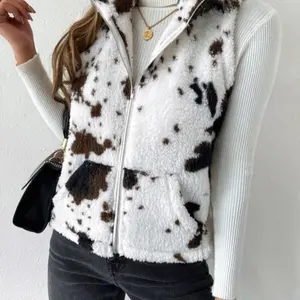 Women's Cow Print Zip Up Plush Gilet , Casual Pocket Collared High Neck Vest Outerwear for Fall & Winter, Clothing Tops for Lady Daily Wear, Comfort Womenswear