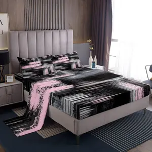 Feelyou Abstract Pink and Black Microfiber Bedding Set - Geometric Artistic Smear Design, Graffiti Art Style, Deep Pocket Fitted Sheet, Soft Breathable Sheets, Modern Luxury Linens, Microfiber Bed Sheets, Soft Breathable Sheet