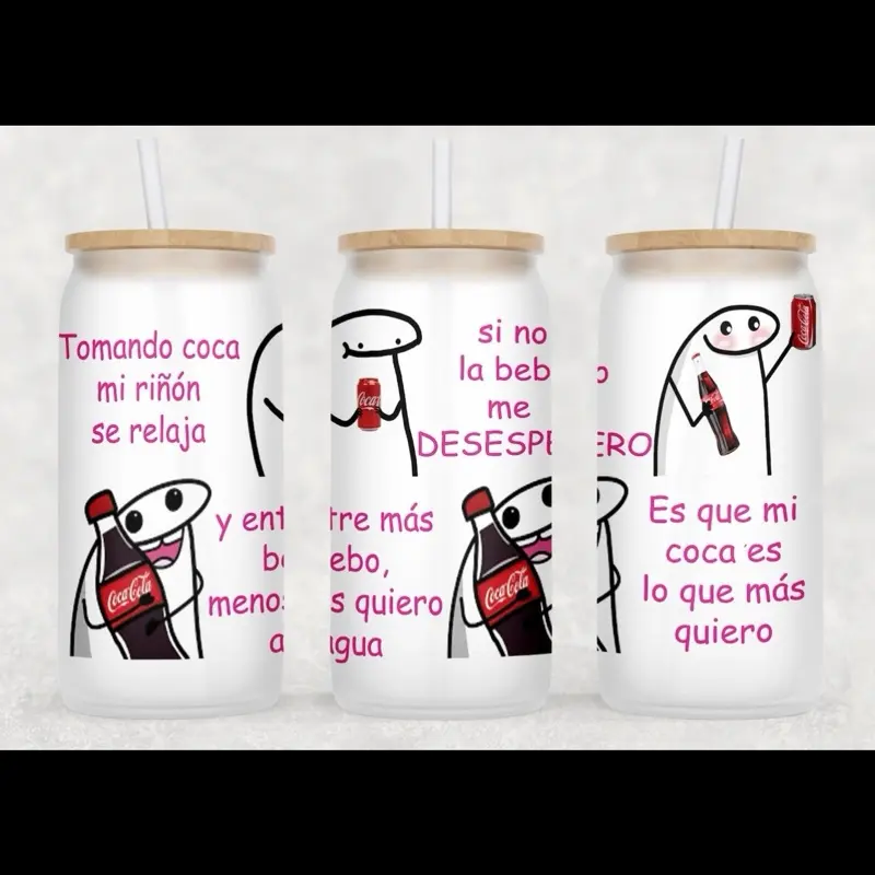Tomando Coca 16oz Frosted Glass Can Cup - Drinkware with Cartoon Character Design and Spanish Phrases - Bottles. Libbey cup