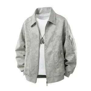 Men's Vintage Suede Long-Sleeve Cycling Jacket - Casual Garment with Classic Ribbed Elastic Hem, Soft Natural Fabric, High-Street Vibe, Distressed Deconstructed Design, Exposed Seams, Multiple Pockets, Relaxed Oversized Fit, Sturdy Sleeves