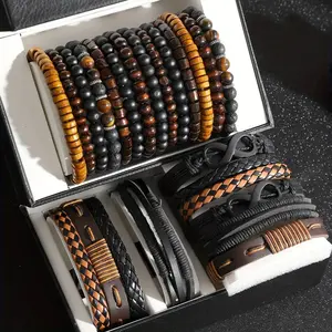 24pcs Men'S Fashion Bracelet Set - Street Style Faux Leather & Wooden Beads, Versatile Stacking Design for Casual Attire & Gifts