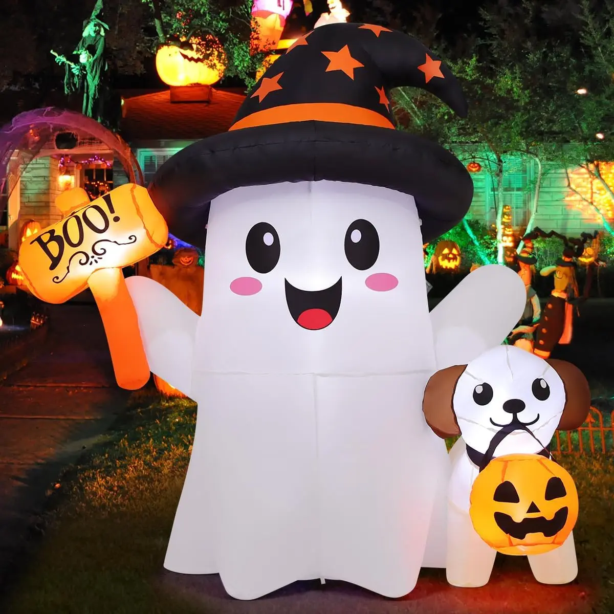 GOOSH 5 FT Halloween Inflatables Ghost Outdoor Decorations Blow Up Cute Ghost and Puppy with Hand-Held Light with Built-in LEDs for Halloween Garden Lawn Party Decorspooky season decor, spooky yard decor, halloween yard decor, halloween gift for him and h