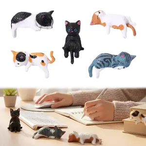 2026 Mini Cat Desk Figurines Set of 5 Resin Multi-Pose Cute Cartoon-Style Kitty Desk Companions for Home Offices & Cubicles