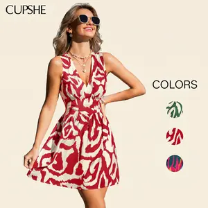 CUPSHE Daycation Abstract V-neckline Sleeveless Woven Mini Dress Summer flowy Casual Womenswear Womensfashion Sundresses #SummerVibes