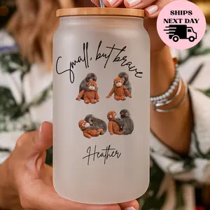 Personalized Monkey Glass Can – “Small But Brave” Cute Monkey Frosted Glass Cup with Bamboo Lid & Straw | Custom Name Iced Coffee Cup