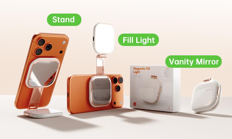 Professional Magnetic Fill Light Mirror, 49 LEDs, Front/Rear 360° Fill, 3 CCT (Warm/Natural/White), Vert/Horiz Stand, Long Battery, Portable Selfie Mirror w/ Universal Joint for Makeup, Vlog, Food Photo