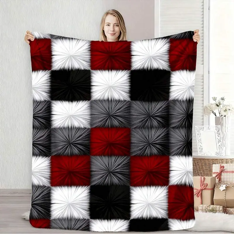 Customized Soft Cozy Oversized Plush Faux Fur Throw Blanket, Red Black White Gray Checkered Bedspread, Winter Warm Couch & Bed Cover, Machine Washable Contemporary Bedding, Throw Blankets Customized