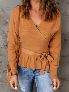 Brown Rib Knit Surplice Neck Belted Peplum Sweater