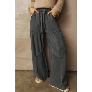 Women's Black Mineral Wash Tiered Wide Leg Patchwork Drawstring Pants, Women's Clothes Bottoms