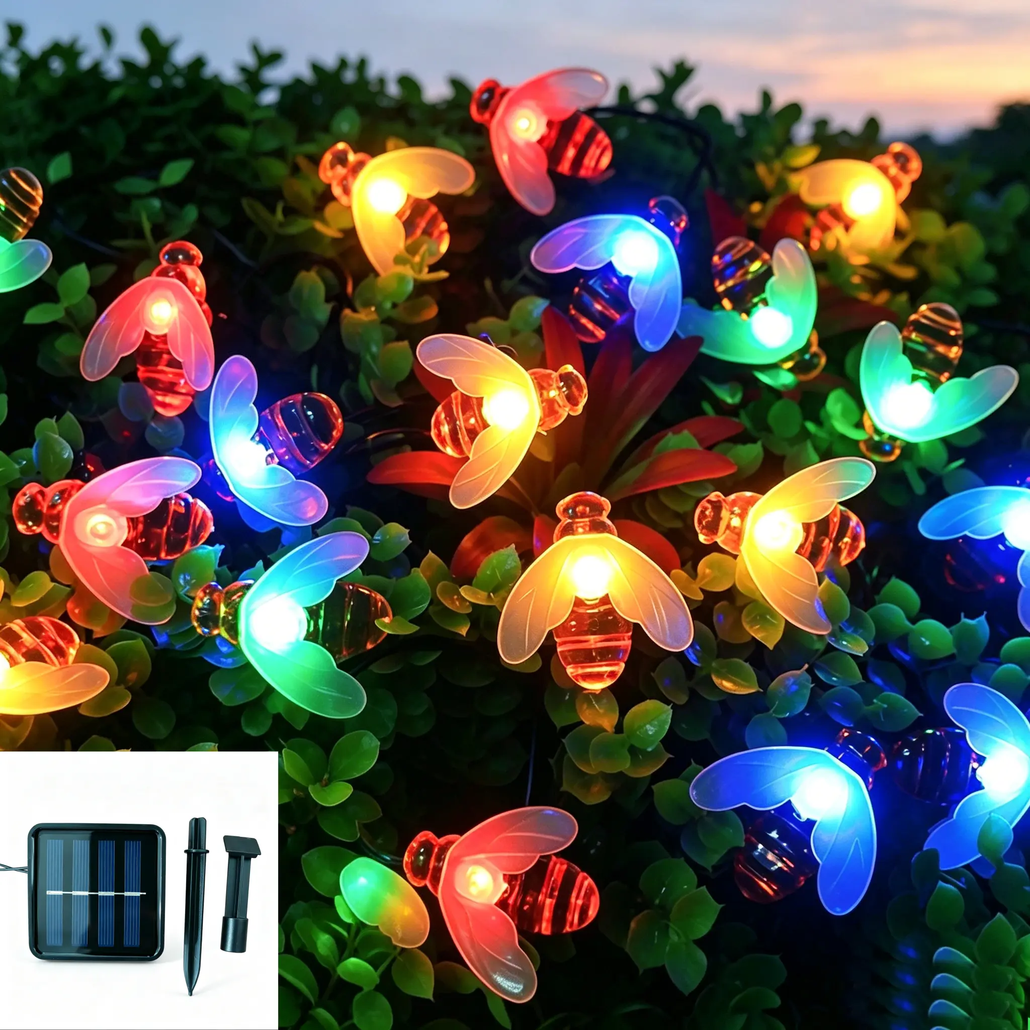 Solar Bee String Lights - Outdoor Waterproof 17FT 20 LED 8-Mode Solar-Powered Decorative IP65 Honey Bee Lights for Garden, Patio, Fence, Party