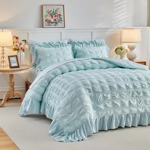 Blue Seersucker Comforter Set with Ruffled Queen Size, 3 Pieces Soft Farmhouse Bedding Set for All Season, Queen Bed Set with Ruffle Shams (Blue, Queen)