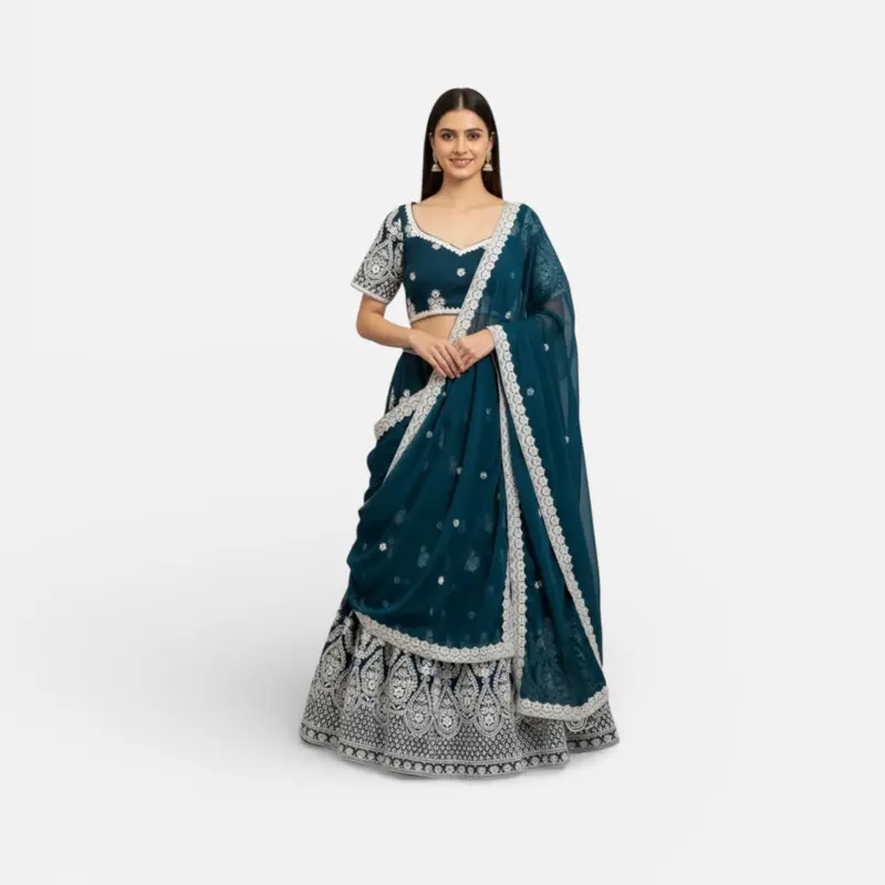 Georgette Lehnga New Design with CanCan Thread & Sequence Embroidery Work Perfect for Special Occasions Teal Blue