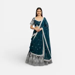 Georgette Lehnga New Design with CanCan Thread & Sequence Embroidery Work Perfect for Special Occasions Teal Blue