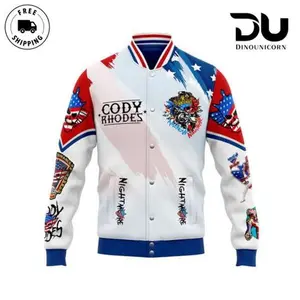 Cody Rhodes The American Nightmare Varsity Jacket Featuring Winged Skull Logo Patriotic Star Graphic WWE Baseball Jacket Loose Fit Gen Z Casual Fall Winter Outerwear Comfortable Sportswear