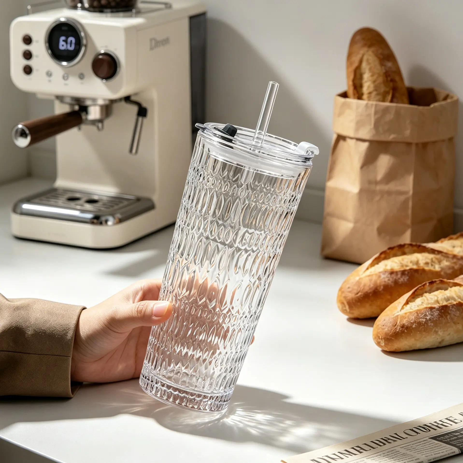 530ml Large Capacity Ribbed Glass Tumbler with Lid & Straw, Leakproof Portable Iced Coffee Cup, Reusable Thickened Clear Striped Drinking Glass for Home Office Outdoor Summer Drinks, Hand Wash Only Stylish Gift Drinkware coworker birthday