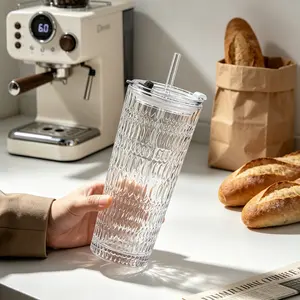 530ml Large Capacity Ribbed Glass Tumbler with Lid & Straw, Leakproof Portable Iced Coffee Cup, Reusable Thickened Clear Striped Drinking Glass for Home Office Outdoor Summer Drinks, Hand Wash Only Stylish Gift Drinkware