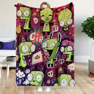 Invader ZIM Cartoon Theme Print Plush Blanket - Soft and comfortable, suitable for office, dormitory, camping, unique birthday and holiday gifts