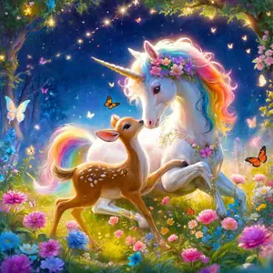 Enchanted Rainbow Unicorn & Baby Deer in Magical Forest, 5D Full Drill Diamond Painting Kit, Fantasy Animal Art with Butterflies & Flowers, DIY Cross Stitch Mosaic Craft, Whimsical Nursery Home Wall Decor, Handmade Gift for Unicorn & Craft Lovers