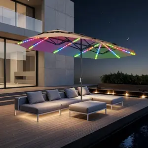 [RGB LED] PHI VILLA 13ft/15ft Double-Sided Patio Umbrella with RGB Solar LED Lights, Double Vent Top & Base – Extra Large Backyard & Pool Umbrella