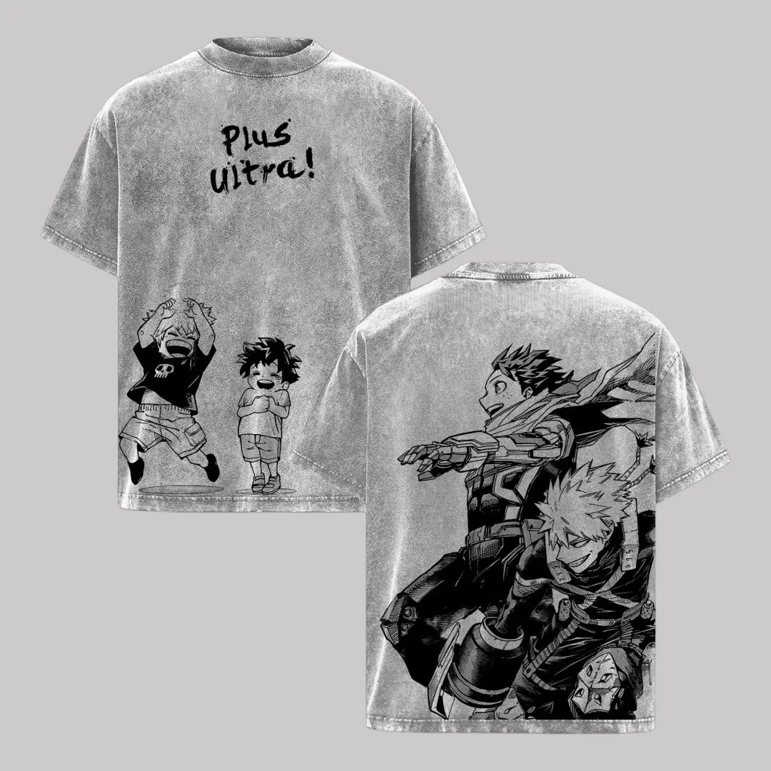 Deku & Bakugo Vintage Oversize Washed T-Shirt, My Hero Academia Heavy Cotton Graphic Tees, Retro Anime Streetwear T-Shirts For Men Casual Apparel