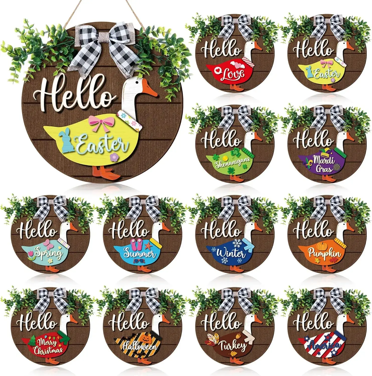 13-Piece Switchable Wooden Goose Decor - 11.8in Rustic Farmhouse Round Wreath, Holiday Welcome Sign for Front Door, Housewarming Gift, Indoor-Outdoor Fall Decor, Switch