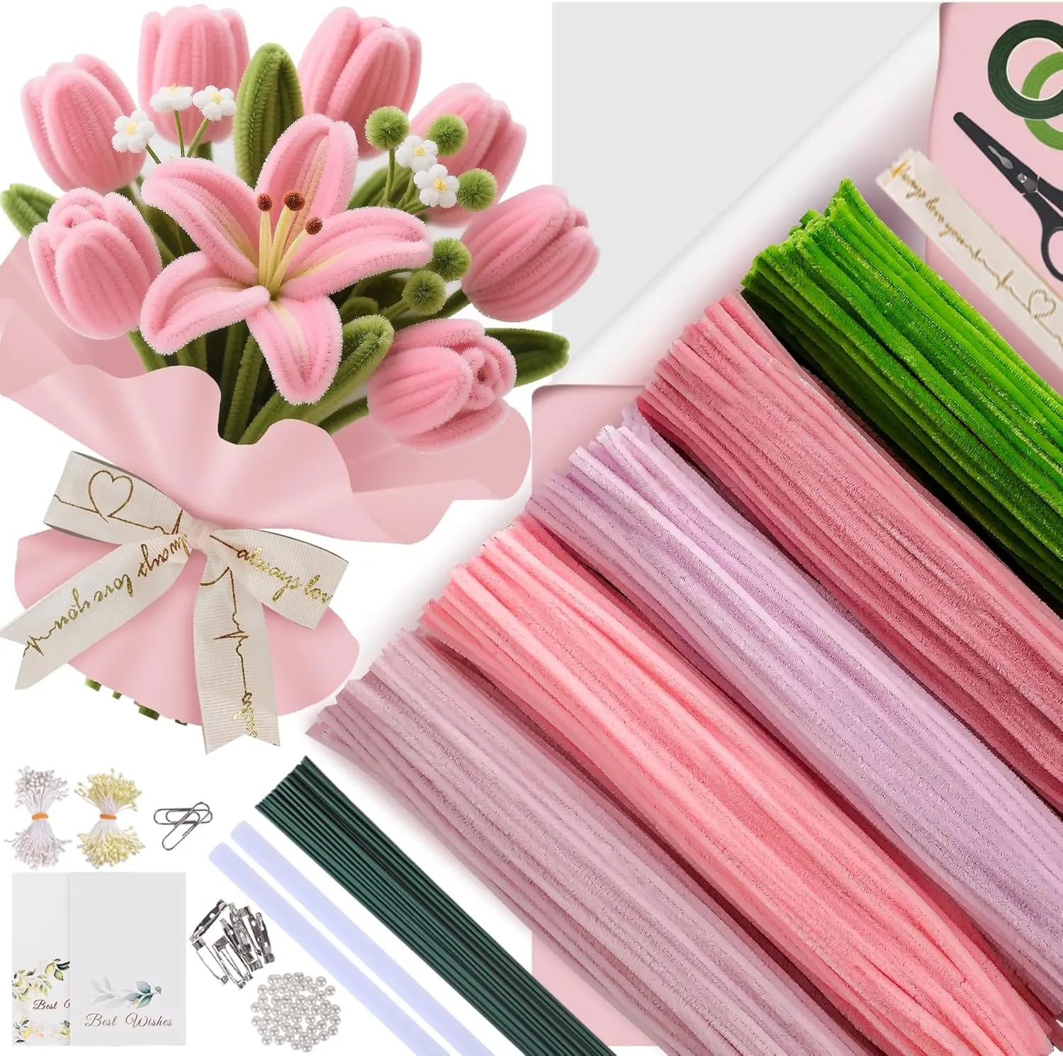 500-Piece Decorative Pipe Cleaners Flower Making Kit - DIY Artificial Rose Bouquet Craft Set with Chenille Stems, Stamen, Floral Tape, Wire - Fade-Resistant Kindergarten Easter Holiday Ornaments & Fashion Accessory Supplies for Handmade Gifts
