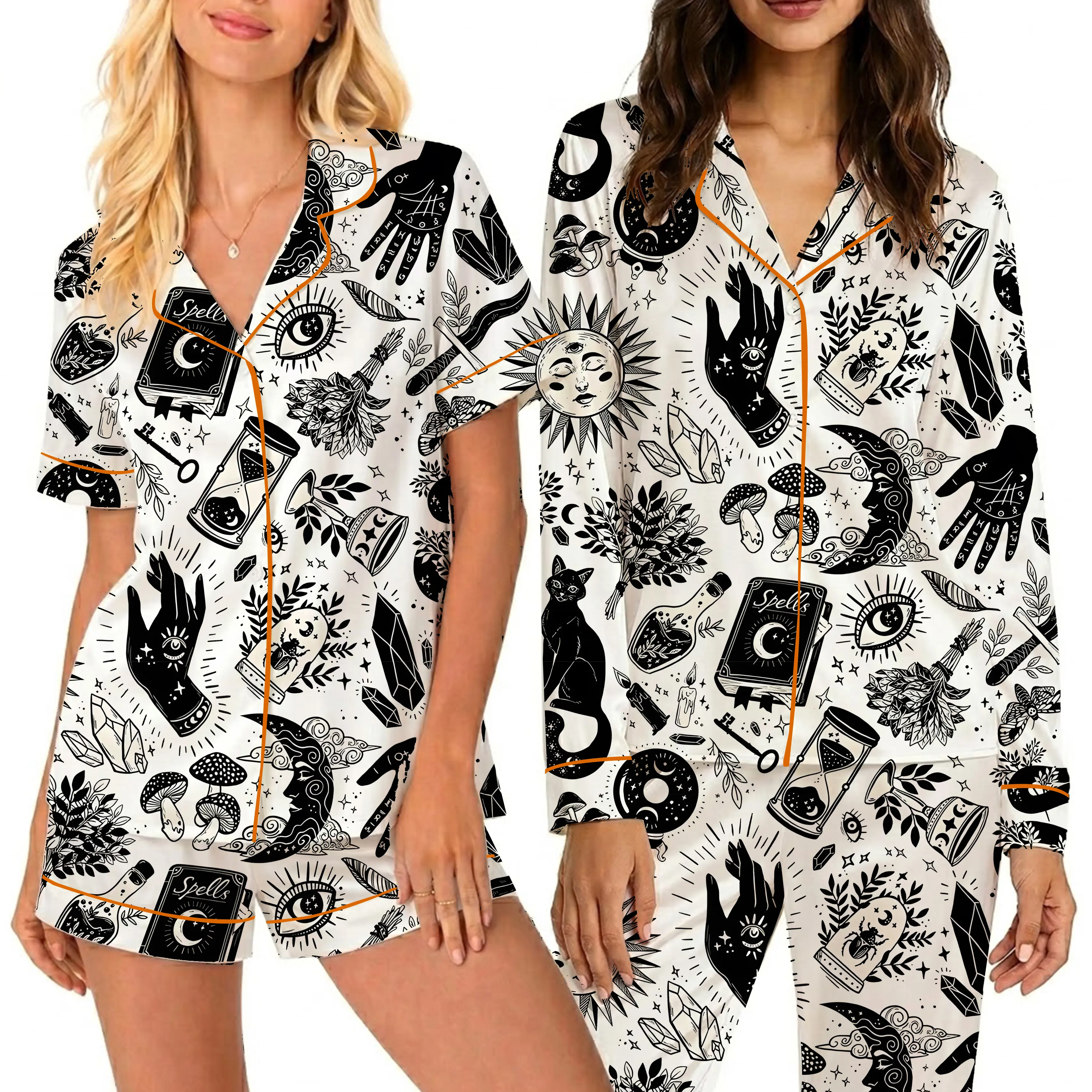 Witchy Things In Black And White Halloween Cat Satin Pajama Set, PJS Gift For Women, I Love Cat Witchy Sleepwear Party, Gift Nightwear